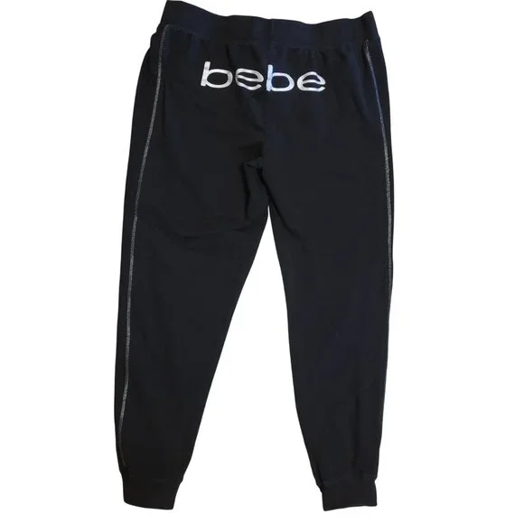 Bebe Women's Size XL Black Joggers With Logo Contrast Stitching Drawstring Waist - Picture 1 of 10